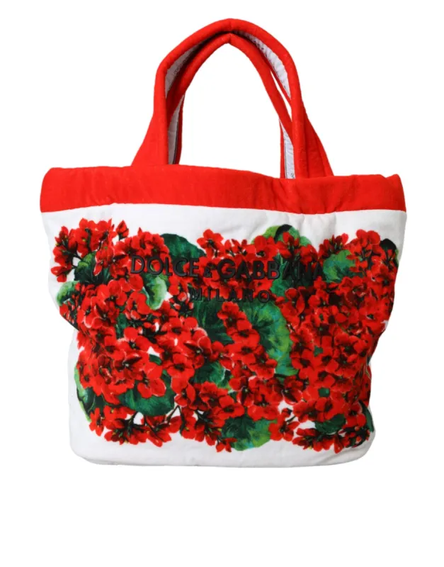 White Red Floral Canvas Logo Shopping Tote Bag sold by Louxly