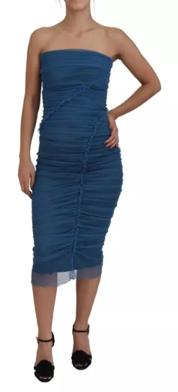 Blue Mesh Trim Ruched Tulle Sheath Dress made by Louxly