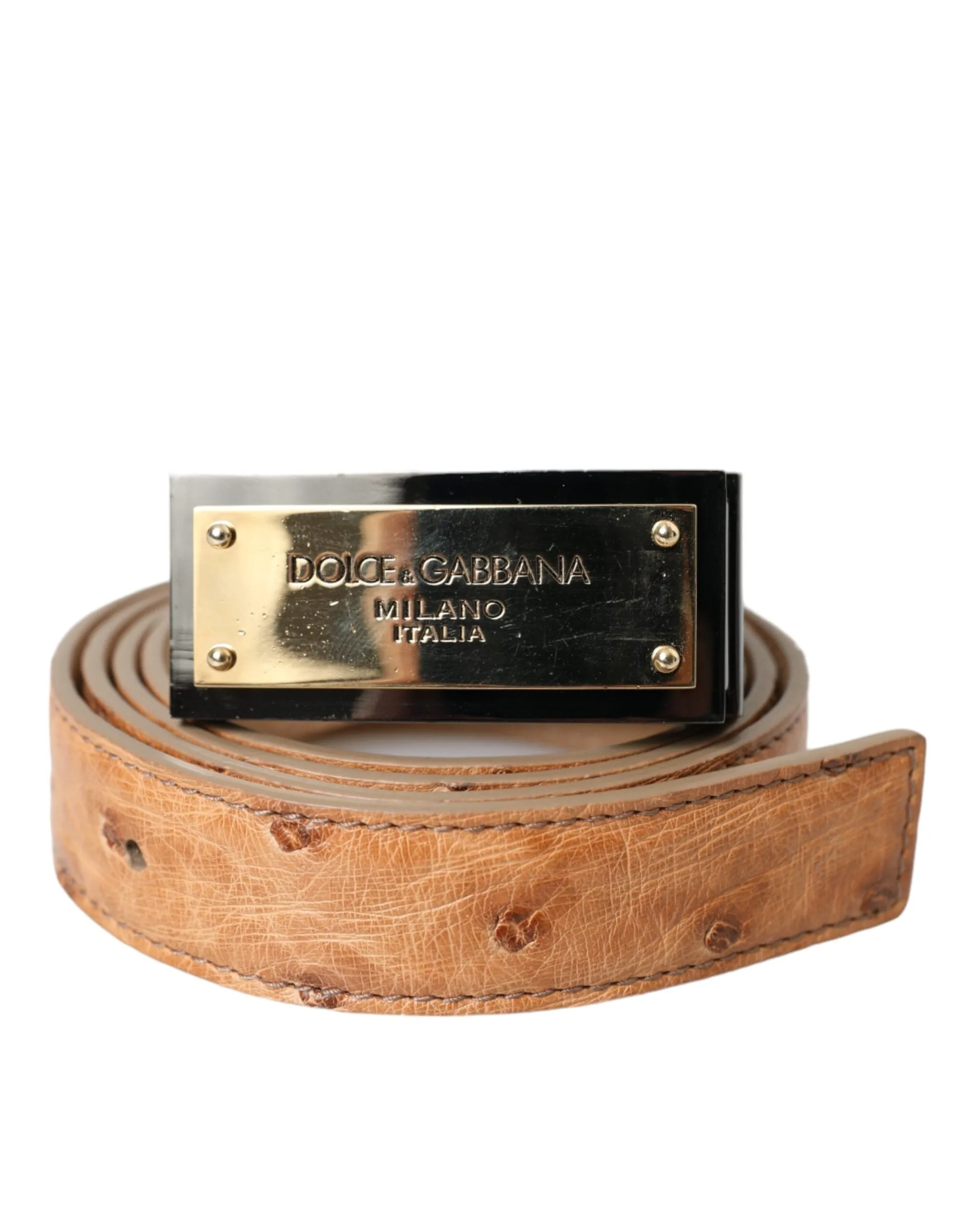 Beige Leather Gold Logo Engraved Buckle Belt sold by Louxly