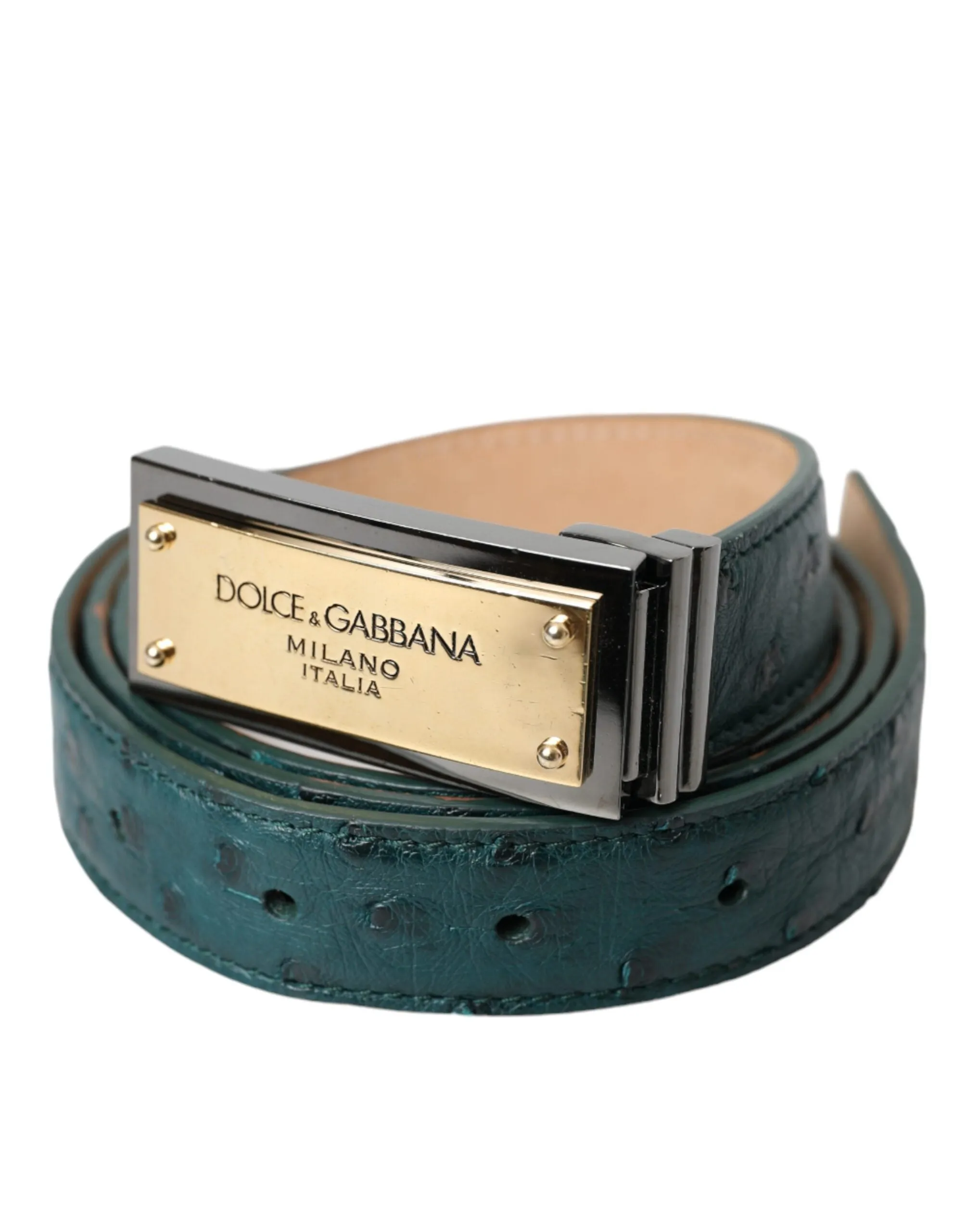 Green Leather Gold Logo Engraved Buckle Belt sold by Louxly