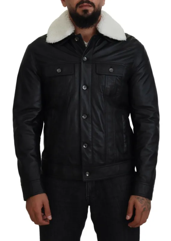 Elegant Black Leather Bomber Jacket sold by Louxly