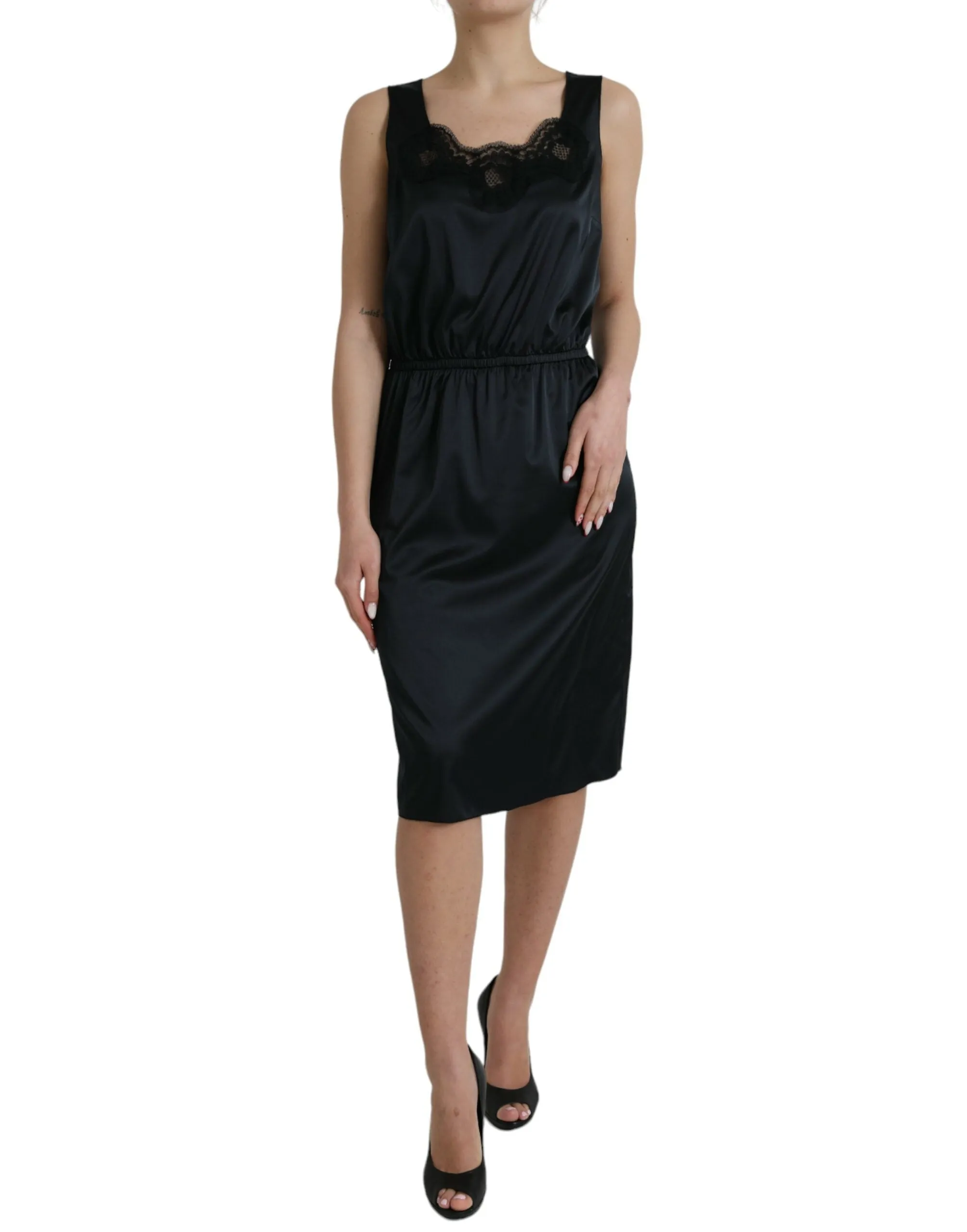 Black Polyester Lace Trim Sheath Midi Dress sold by Louxly