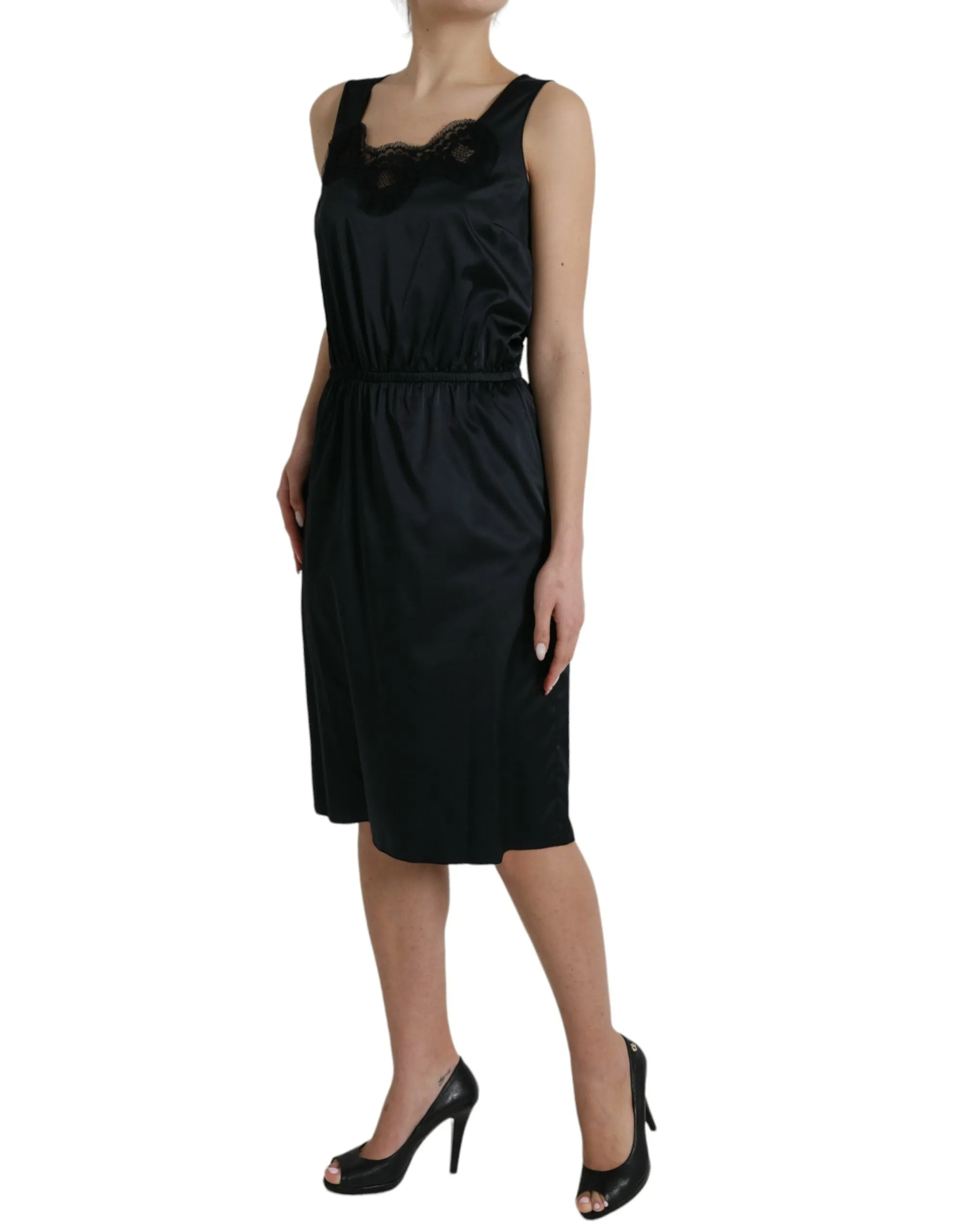 Black Polyester Lace Trim Sheath Midi Dress sold by Louxly product image thumbnail 3