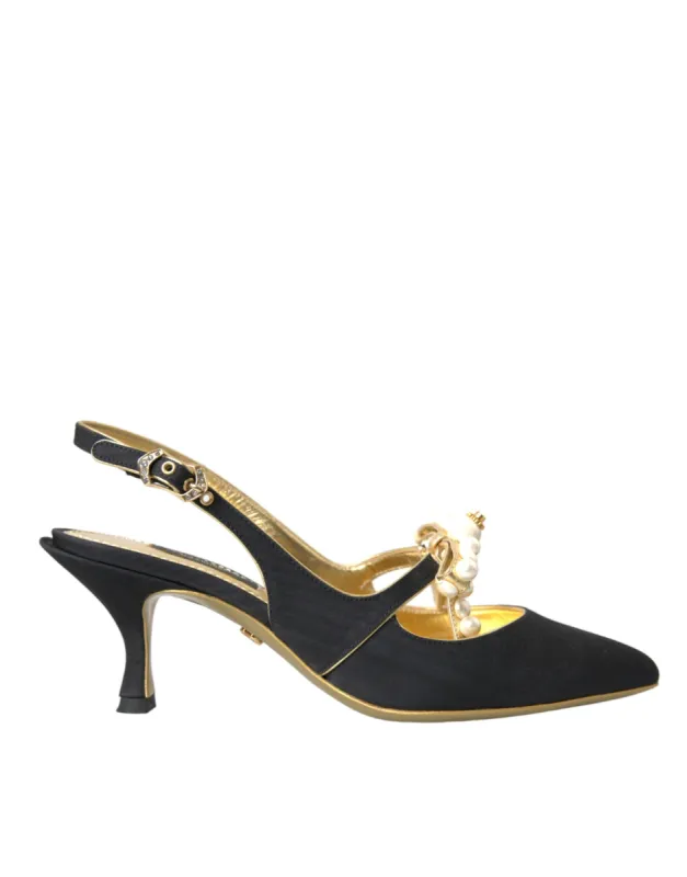 Black Leather Faux Pearls Slingbacks Shoes sold by Louxly