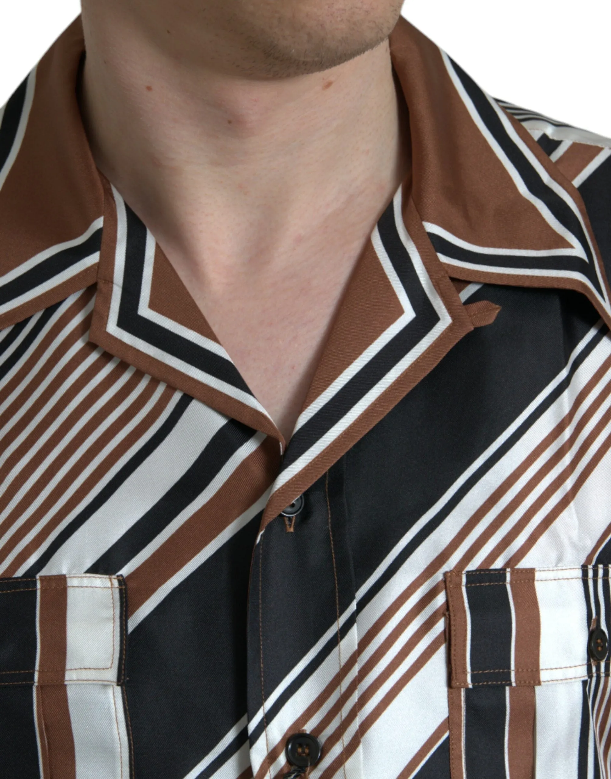 Brown White Silk Striped Short Sleeve Shirt sold by Louxly product image thumbnail 4