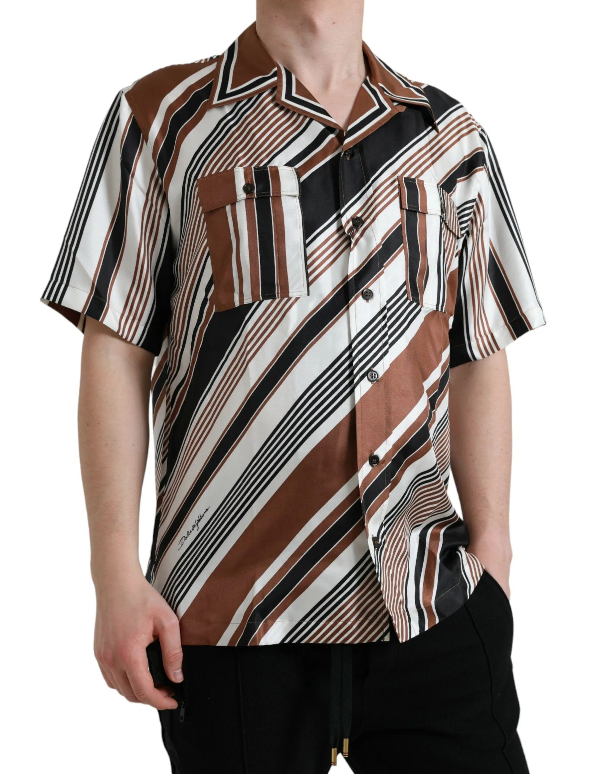 Brown White Silk Striped Short Sleeve Shirt sold by Louxly product image thumbnail 2