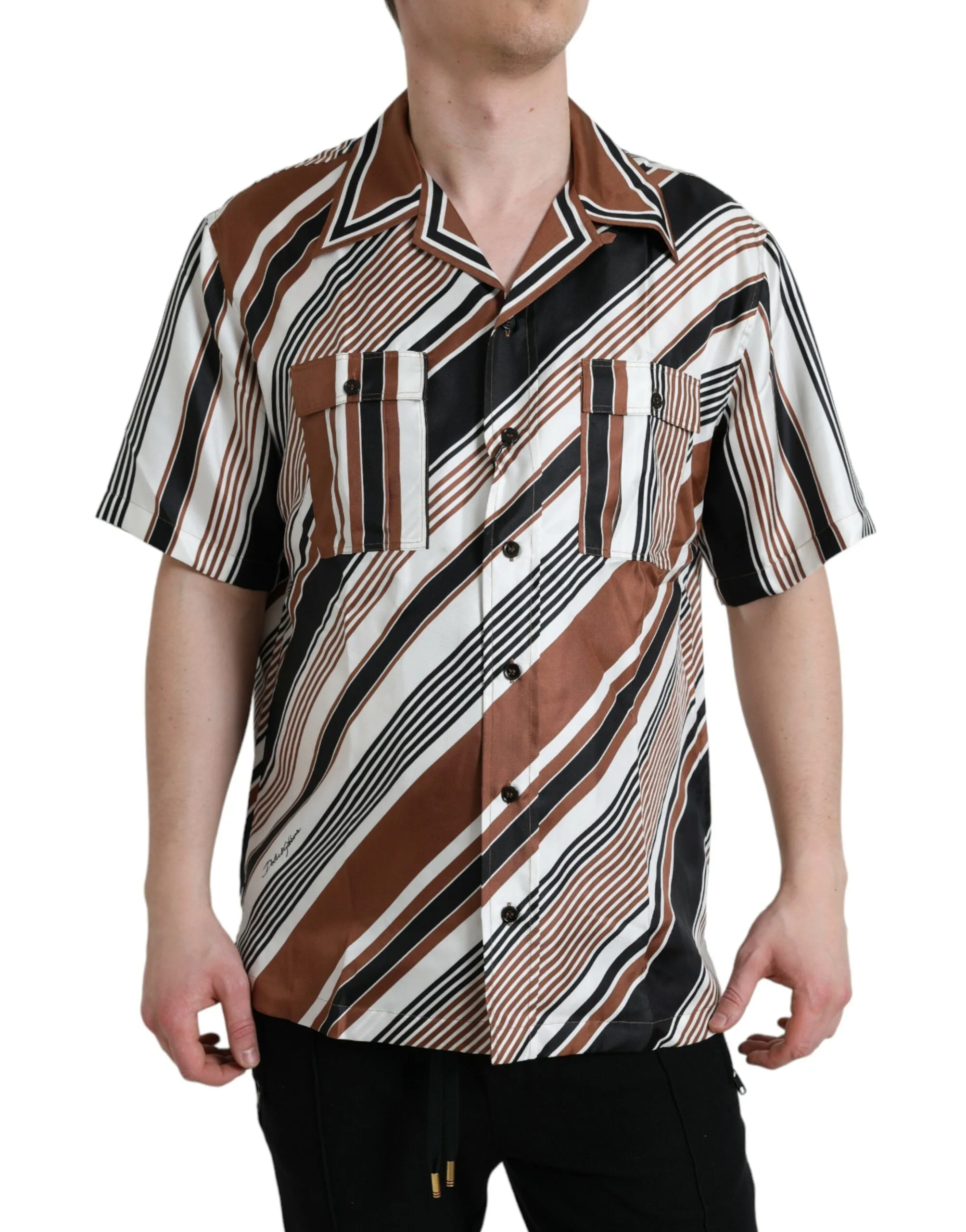 Brown White Silk Striped Short Sleeve Shirt sold by Louxly