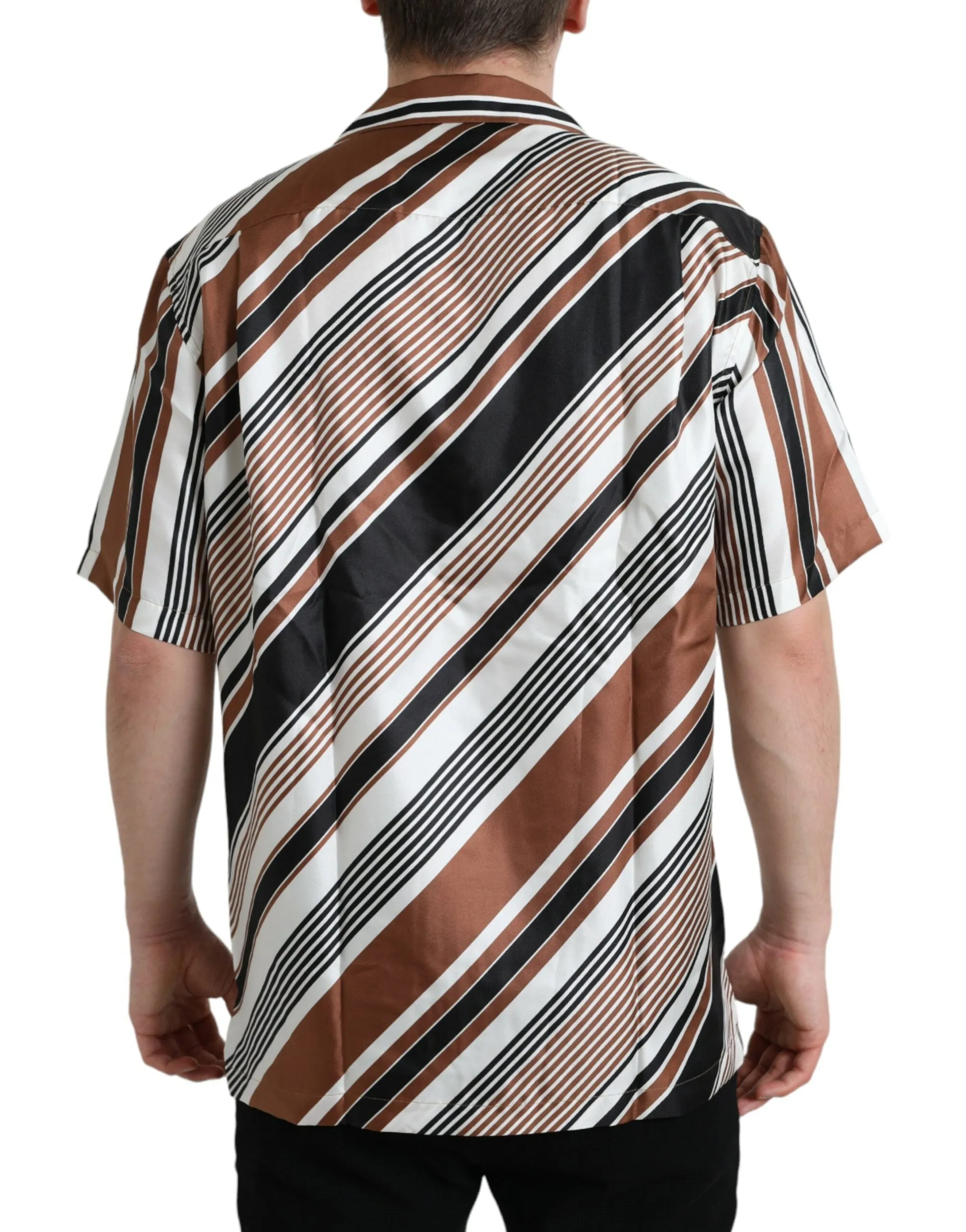 Brown White Silk Striped Short Sleeve Shirt sold by Louxly product image thumbnail 3