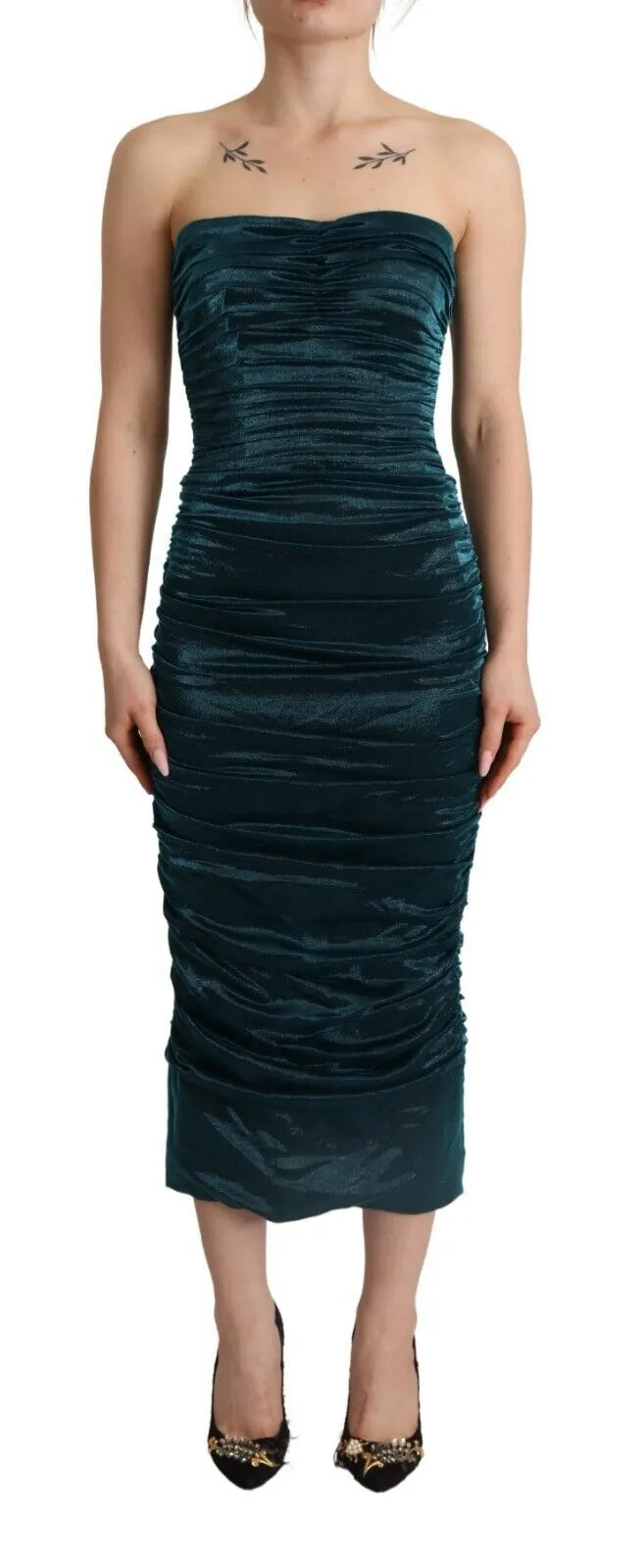 Turquoise Draped Satin Midi Dress sold by Louxly