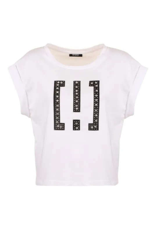 Chic White Cotton Tee with Brass Accents sold by Louxly