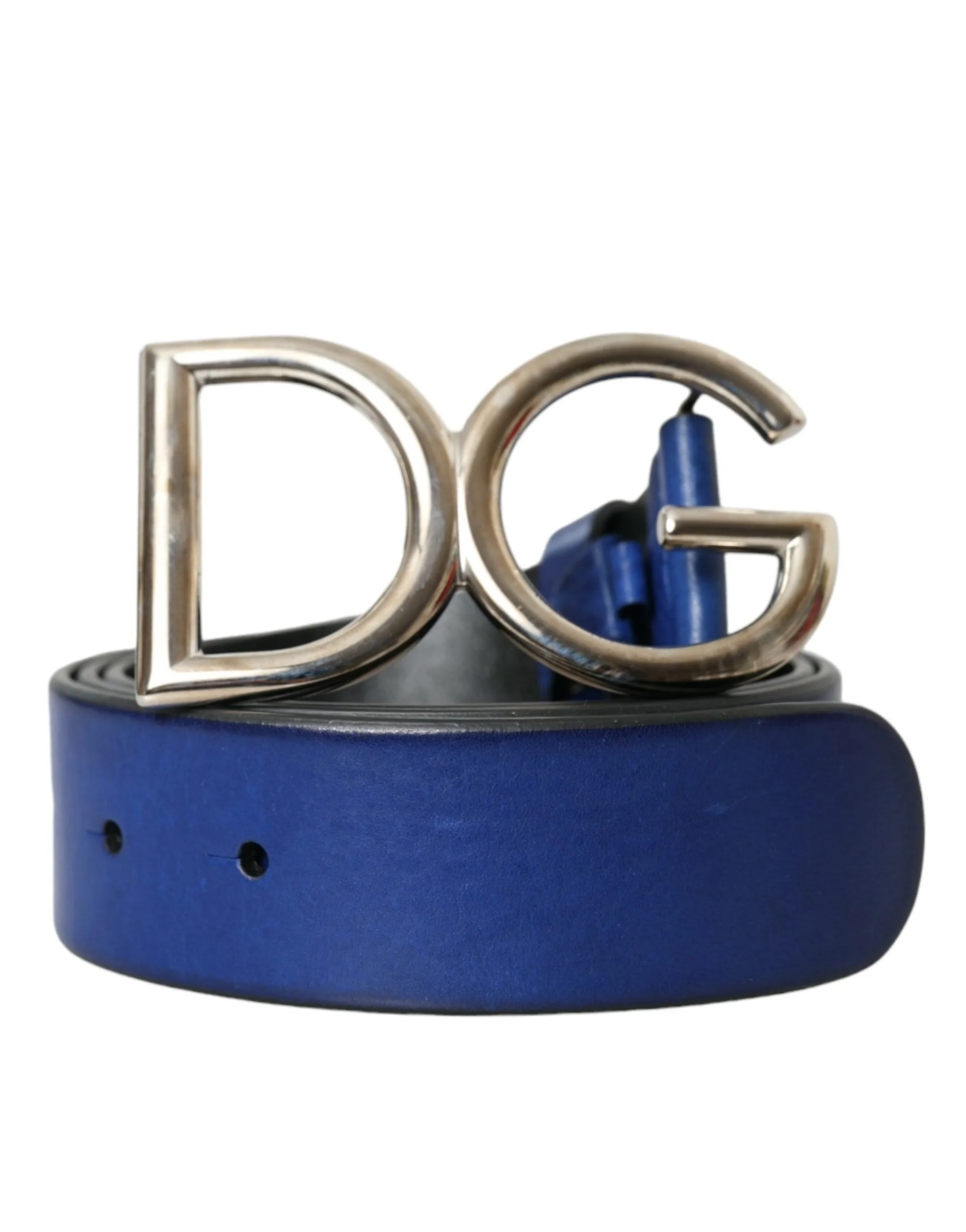 Blue Leather Silver Metal Logo Buckle Belt Men sold by Louxly