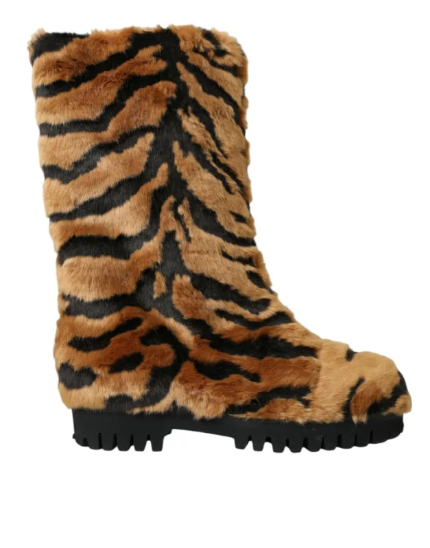 Brown Tiger Fur Leather Mid Calf Boots Shoes sold by Louxly
