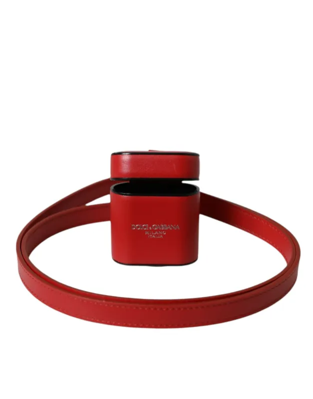Red Calfskin Leather Logo Print Strap Men Airpods Case sold by Louxly