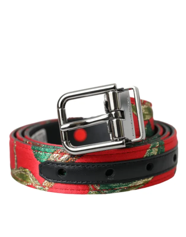 Red Leather Jacquard Silver Metal Buckle Belt sold by Louxly