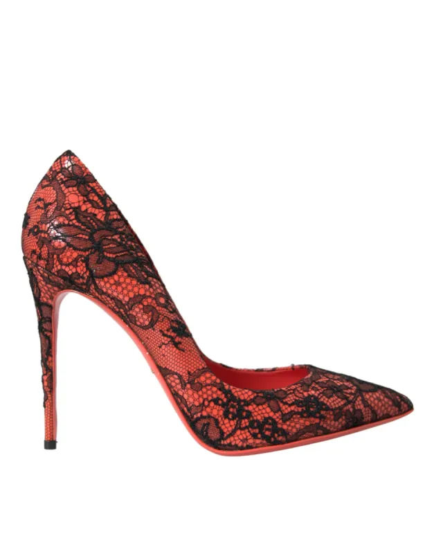 Orange Black Lace Leather Heels Pumps Shoes sold by Louxly