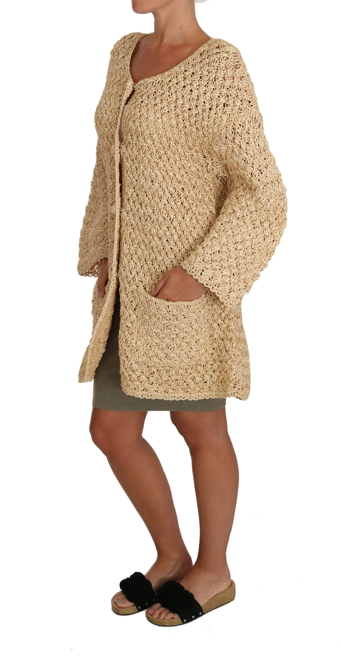 Chic Beige Crochet Knitted Raffia Cardigan sold by Louxly product image thumbnail 4