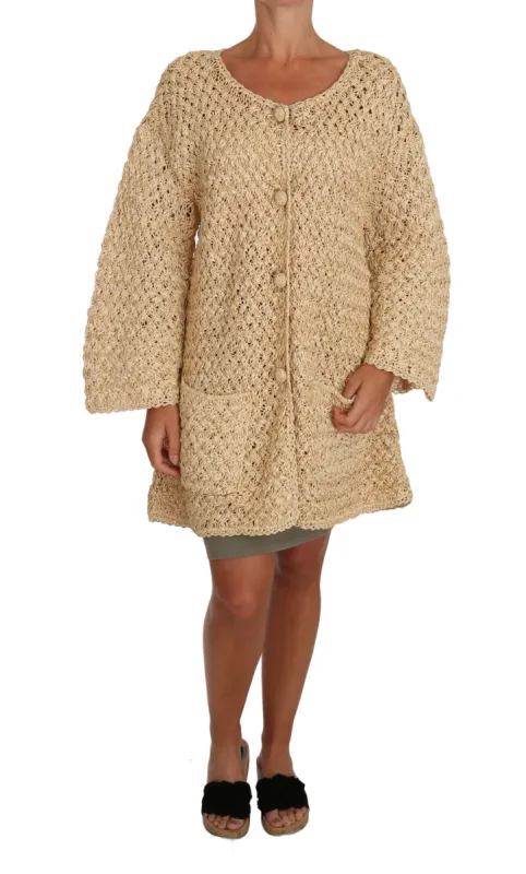 Chic Beige Crochet Knitted Raffia Cardigan made by Louxly