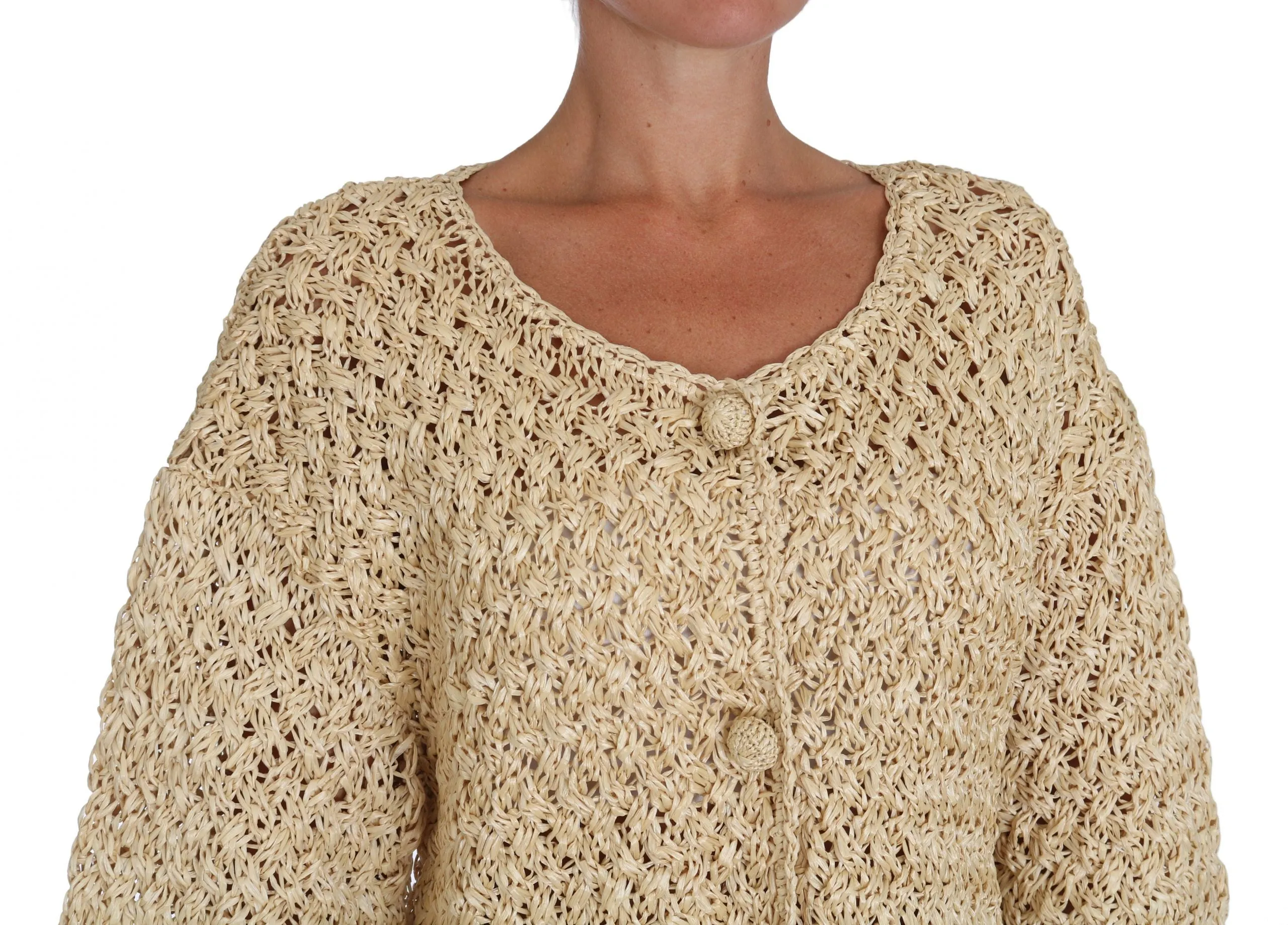 Chic Beige Crochet Knitted Raffia Cardigan sold by Louxly product image thumbnail 3