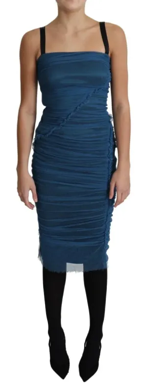 Blue Draped Tulle Midi Sheath Cotton Dress sold by Louxly