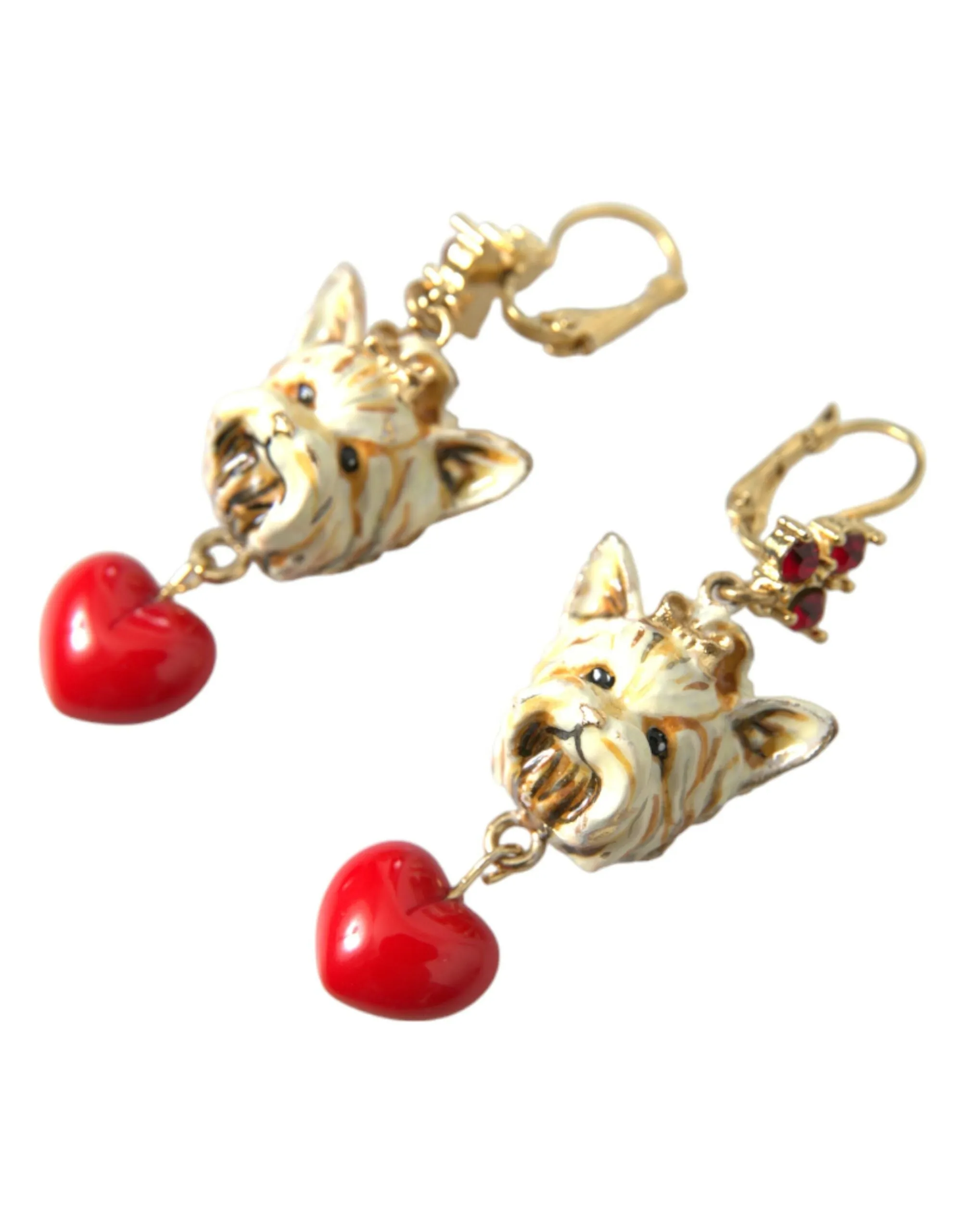 Gold Brass Heart Dog Red Crystal Dangling Earrings sold by Louxly product image thumbnail 2
