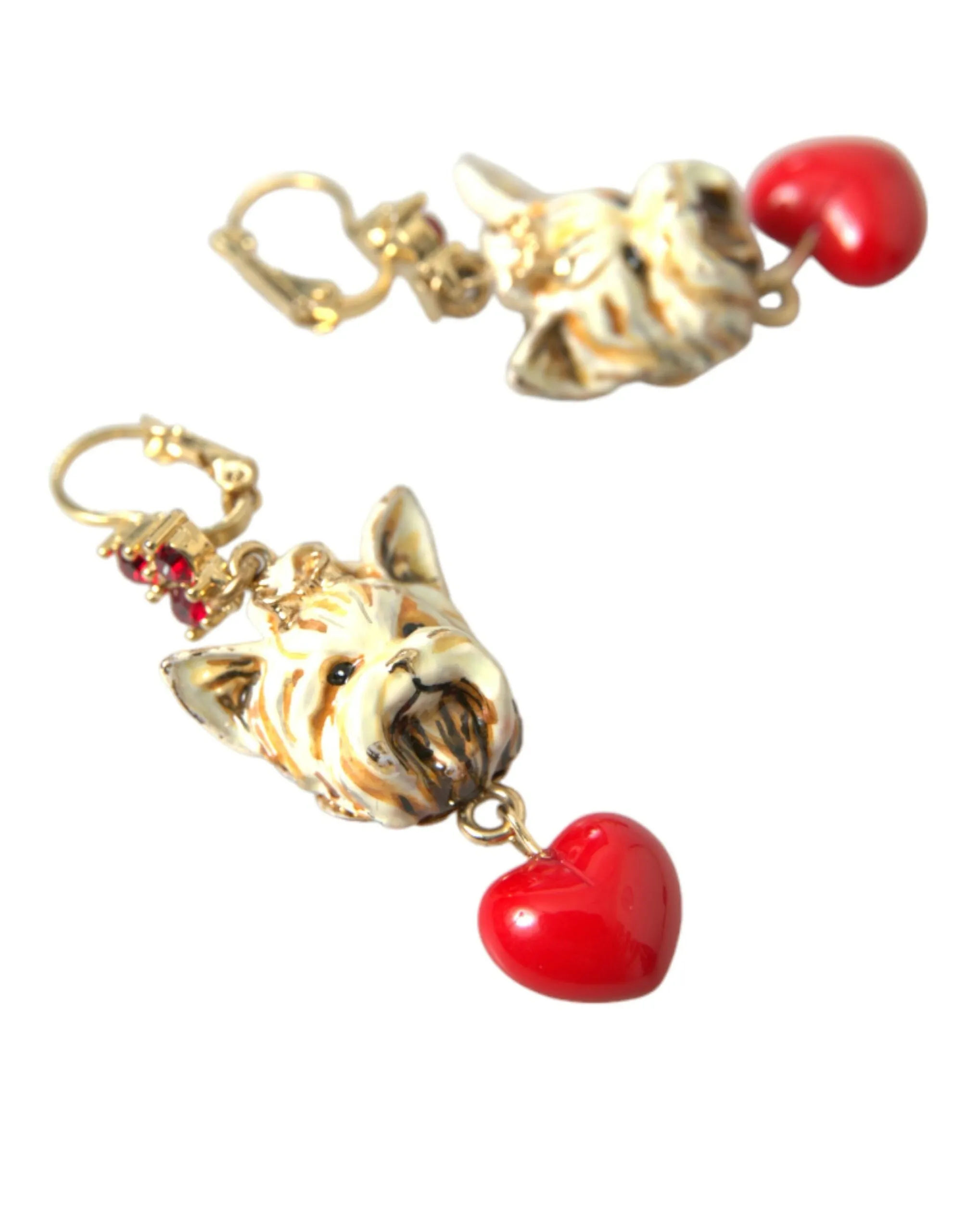 Gold Brass Heart Dog Red Crystal Dangling Earrings sold by Louxly product image thumbnail 5