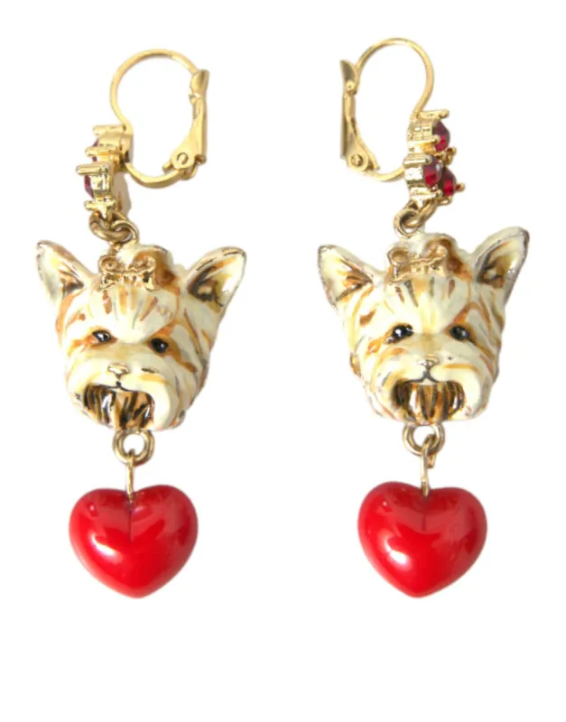 Gold Brass Heart Dog Red Crystal Dangling Earrings made by Louxly