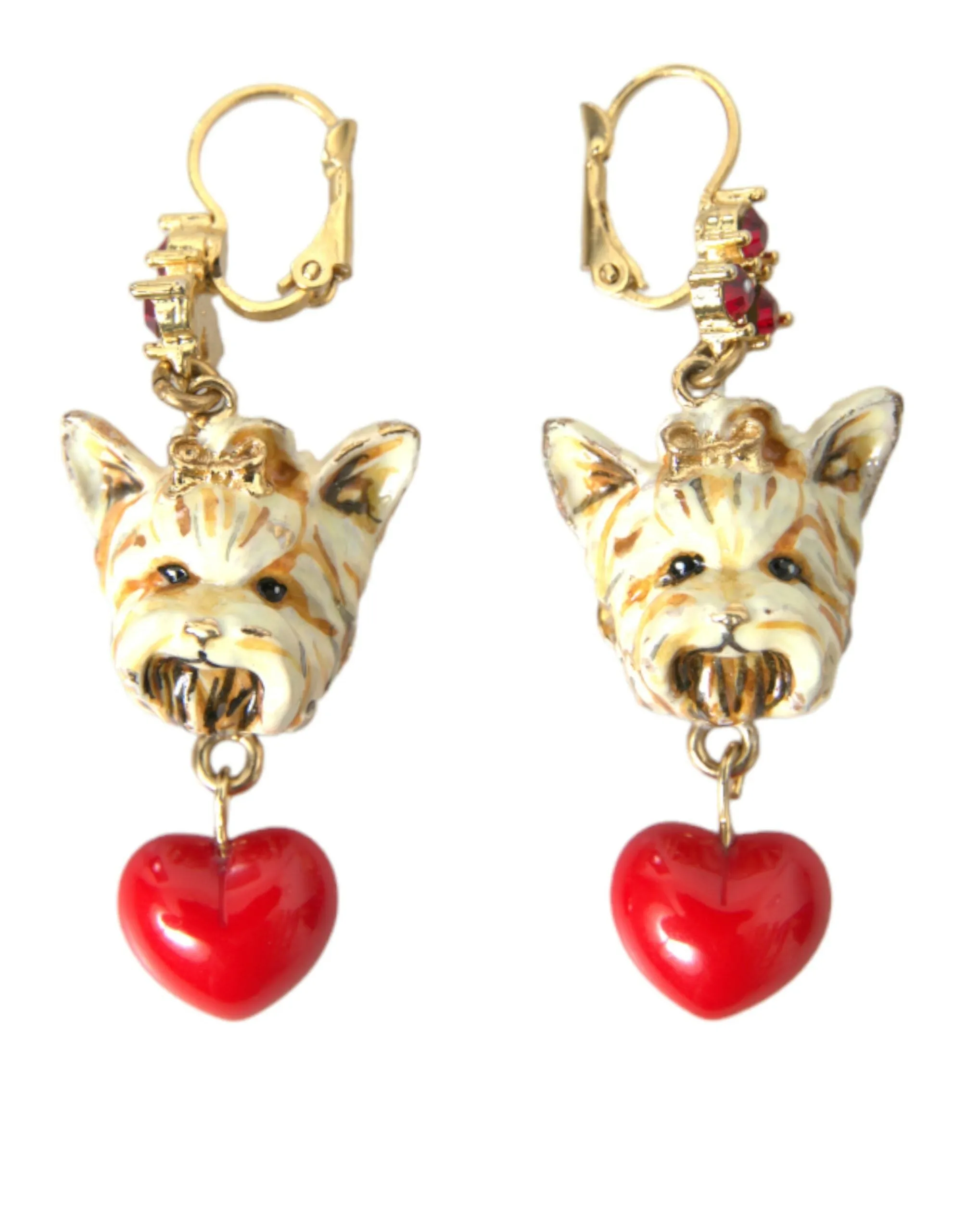 Gold Brass Heart Dog Red Crystal Dangling Earrings sold by Louxly