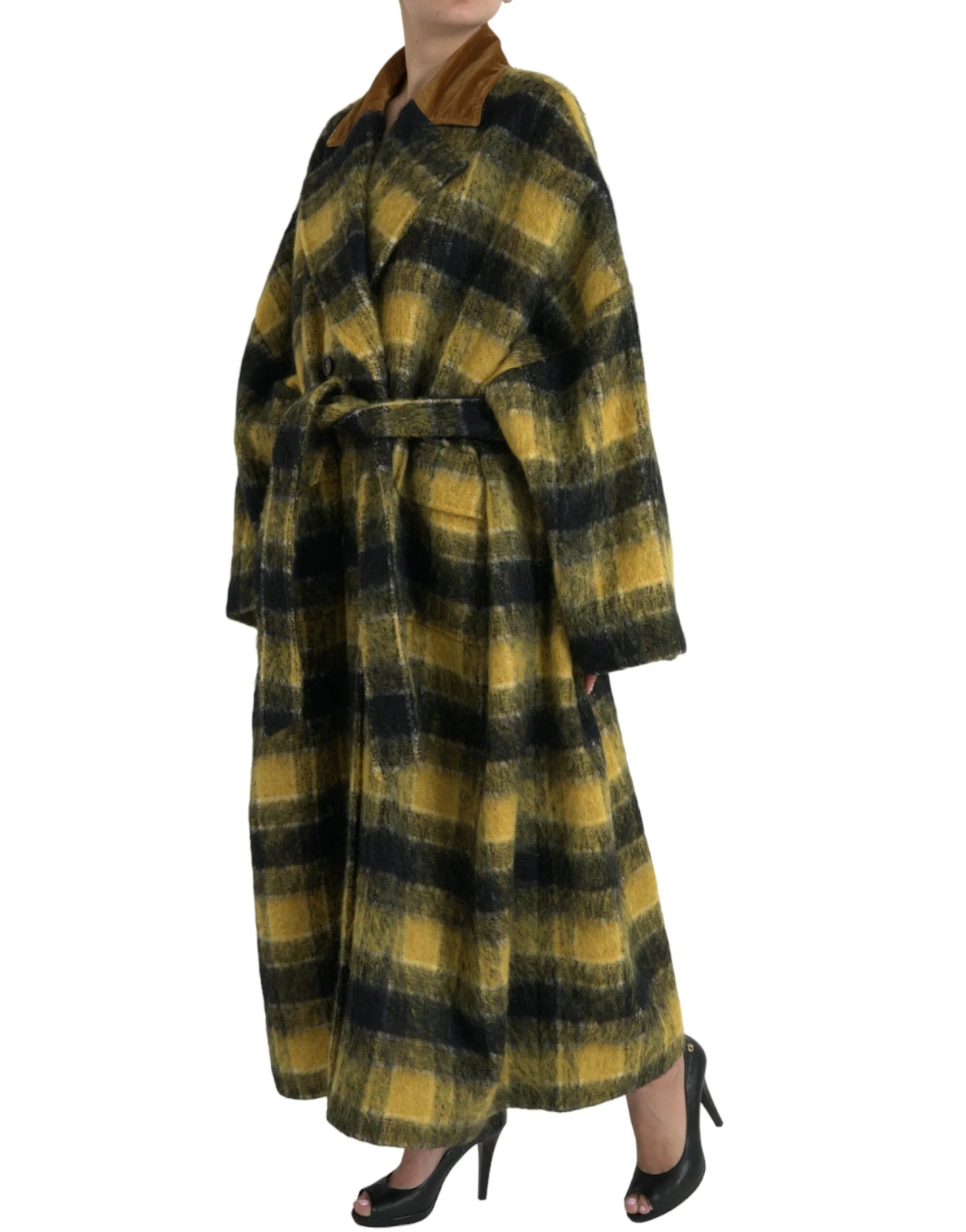 Chic Checkered Long Trench Coat in Sunny Yellow sold by Louxly product image thumbnail 2