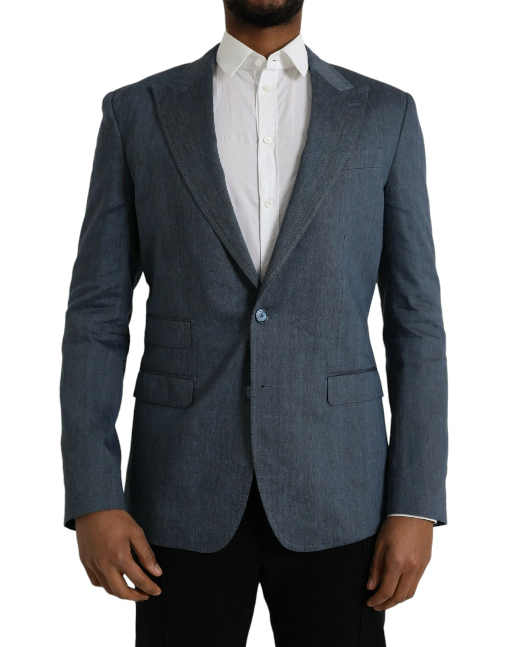 Blue Linen NAPOLI Single Breasted Coat Blazer sold by Louxly