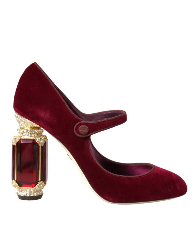 Red Velvet Gold Crystals Heels Mary Jane Shoes sold by Louxly