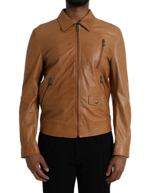 Brown Lamb Leather Full Zip Blouson Jacket sold by Louxly