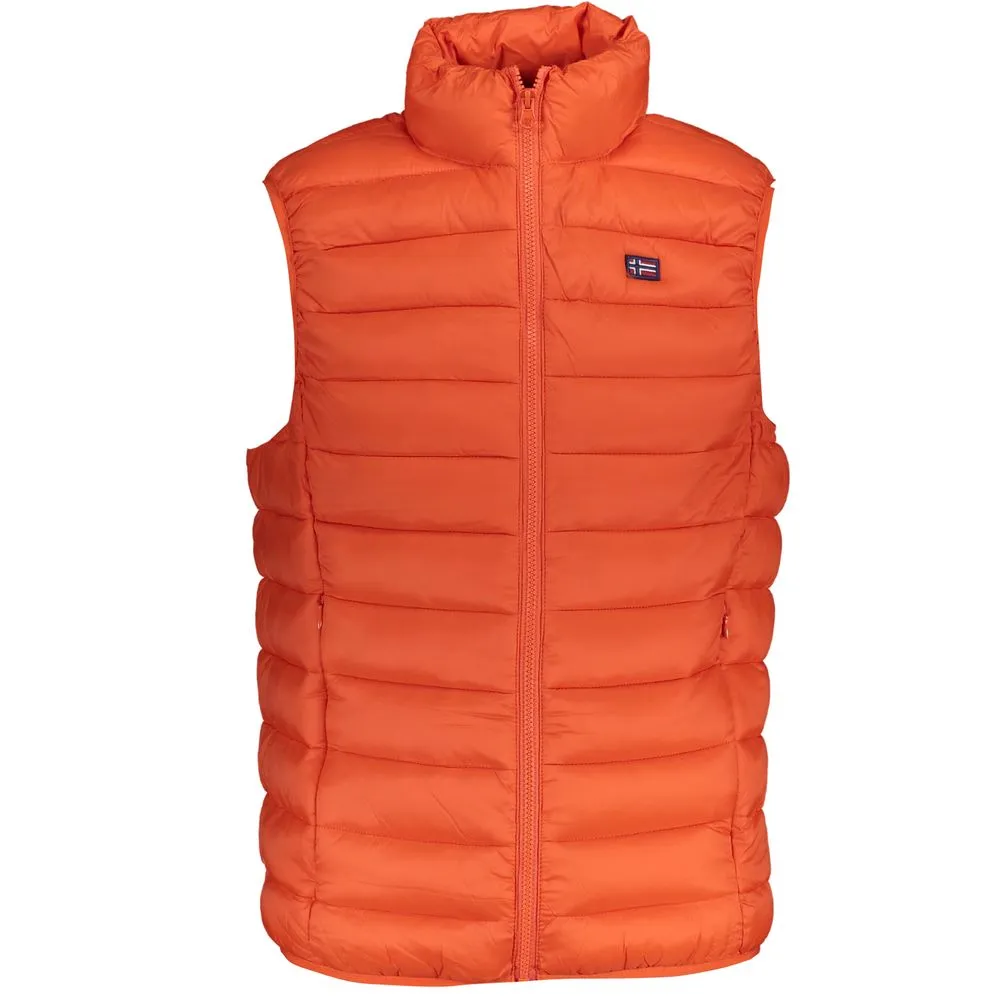 Sleek Sleeveless Orange Polyamide Jacket sold by Louxly