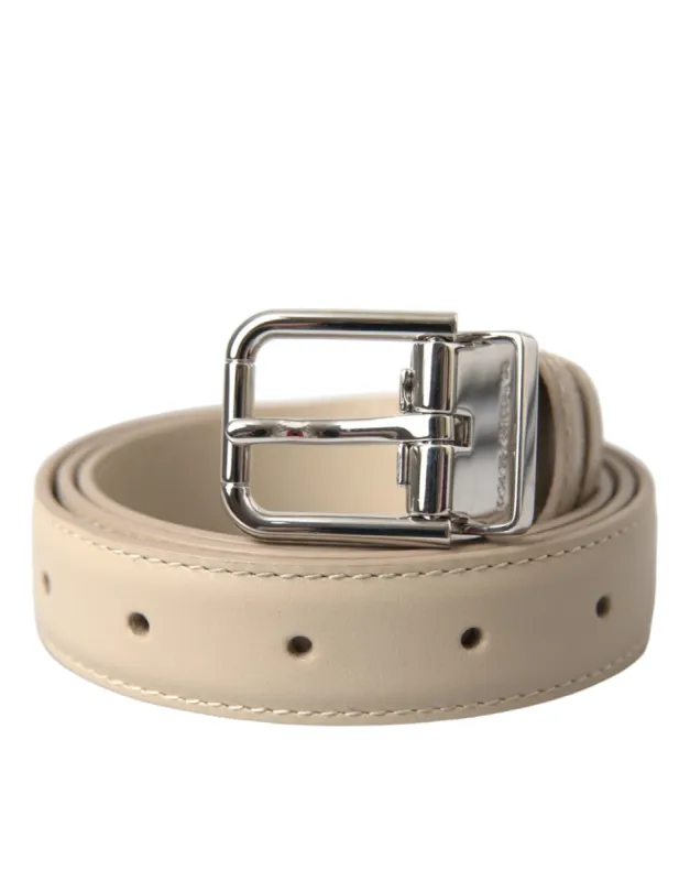 Beige Calfskin Leather Silver Metal Buckle Belt sold by Louxly