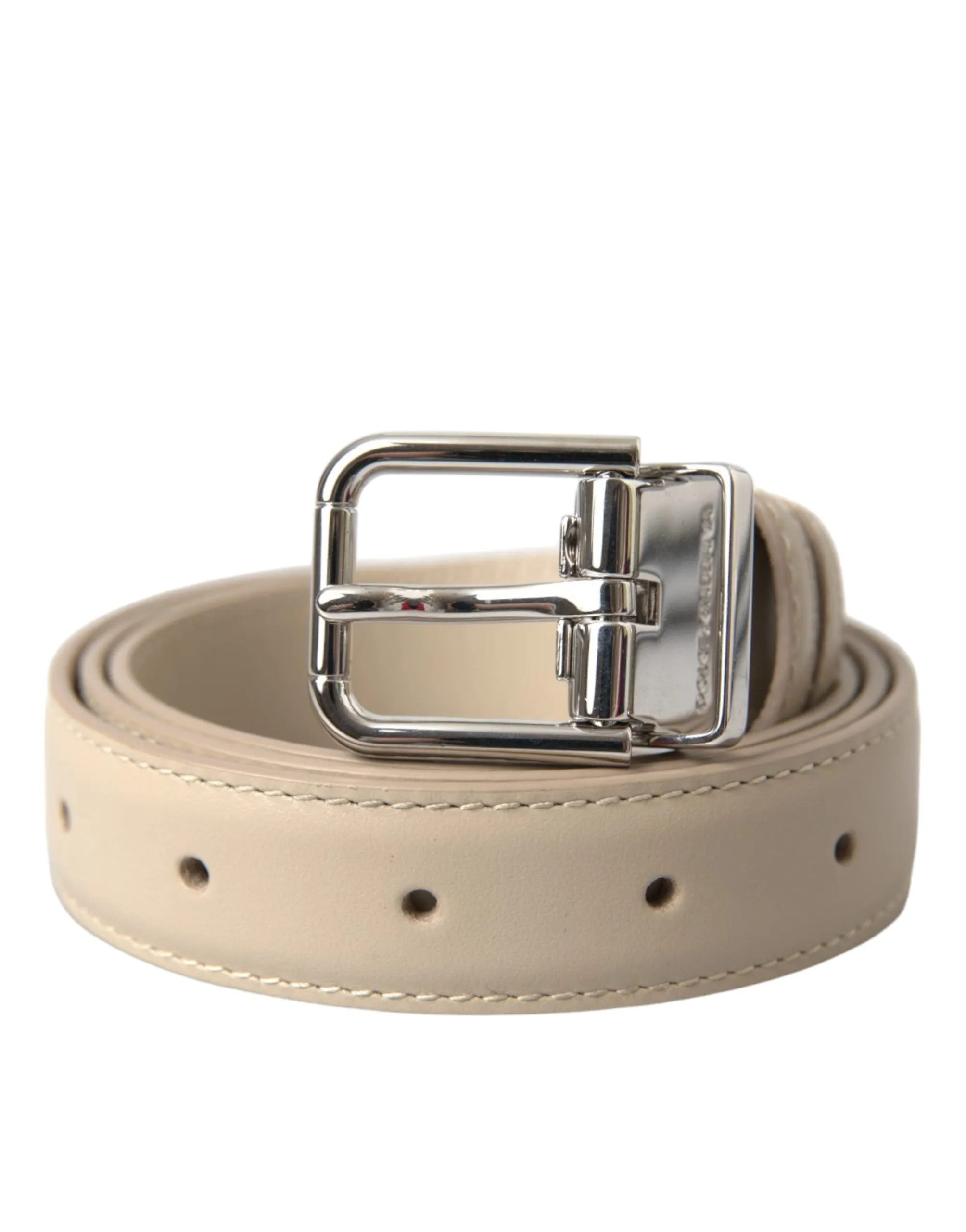 Beige Calfskin Leather Silver Metal Buckle Belt sold by Louxly