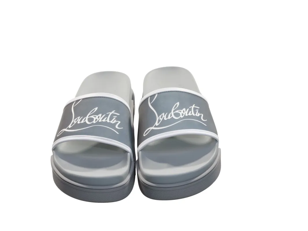 Navy Pool Flat Silver Rubber Slides sold by Louxly