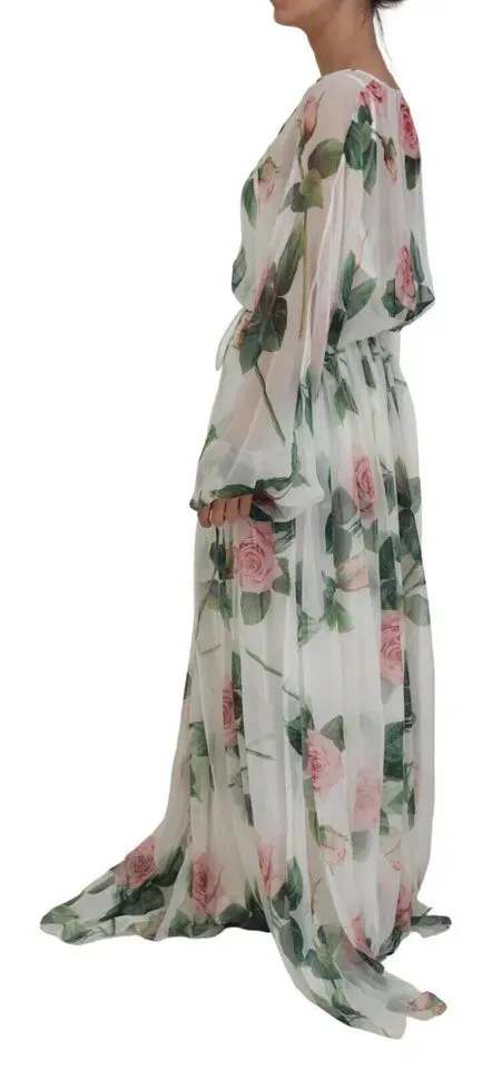 Elegant White Silk Maxi Dress with Pink Roses sold by Louxly product image thumbnail 5