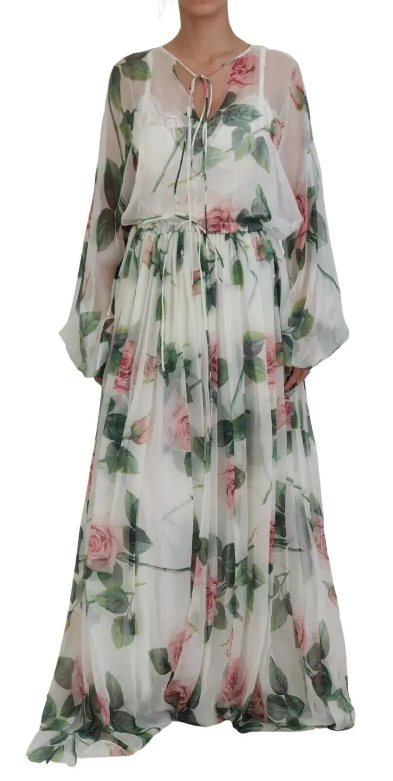 Elegant White Silk Maxi Dress with Pink Roses sold by Louxly