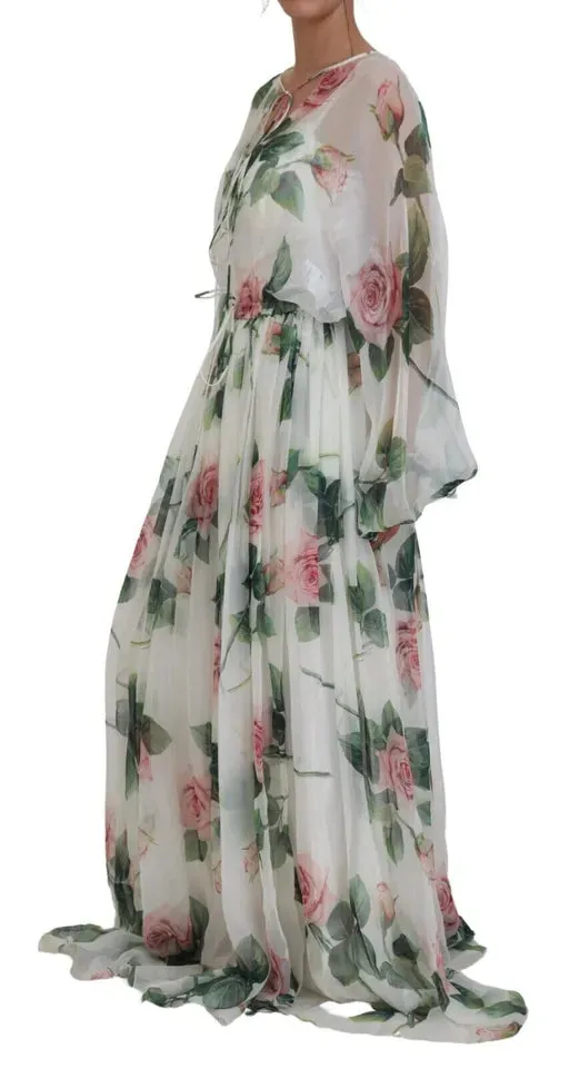 Elegant White Silk Maxi Dress with Pink Roses sold by Louxly product image thumbnail 4
