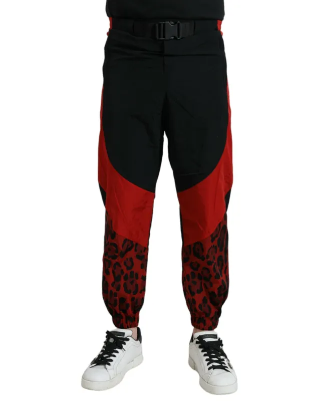 Black Red Leopard Print Nylon Jogger Pants sold by Louxly