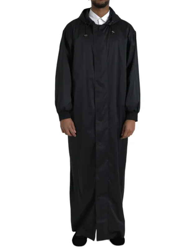 Black Polyester Hooded Long Windbreaker Jacket sold by Louxly