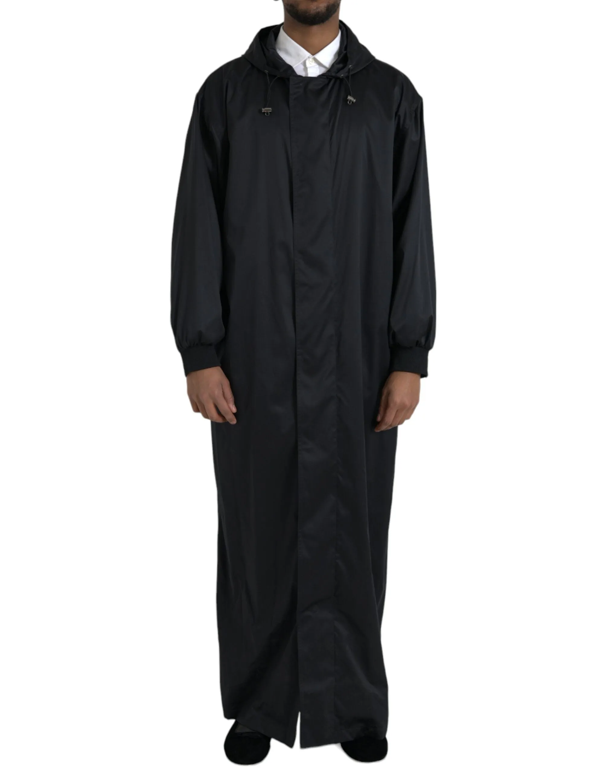 Black Polyester Hooded Long Windbreaker Jacket sold by Louxly