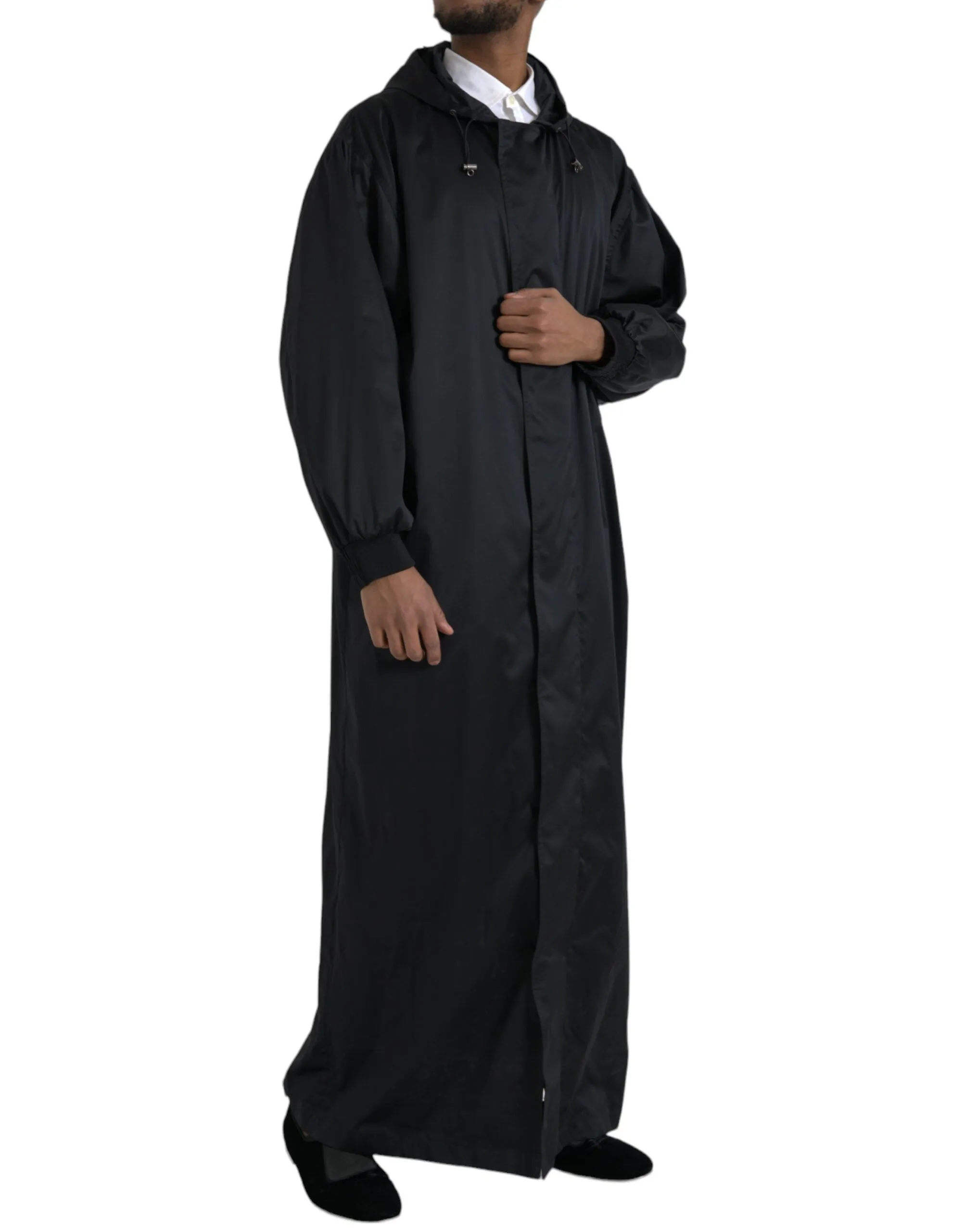 Black Polyester Hooded Long Windbreaker Jacket sold by Louxly product image thumbnail 2