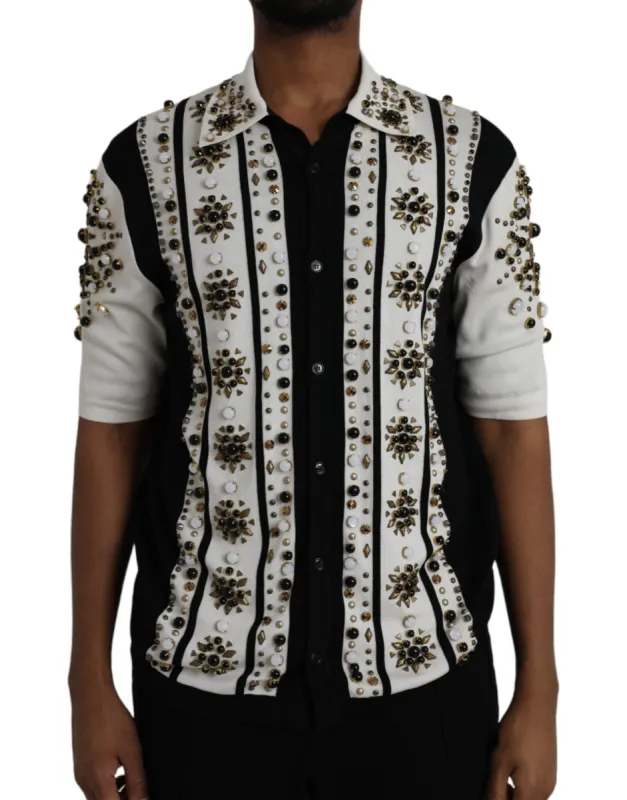White Black Silk Studded Stone Crystal Shirt sold by Louxly