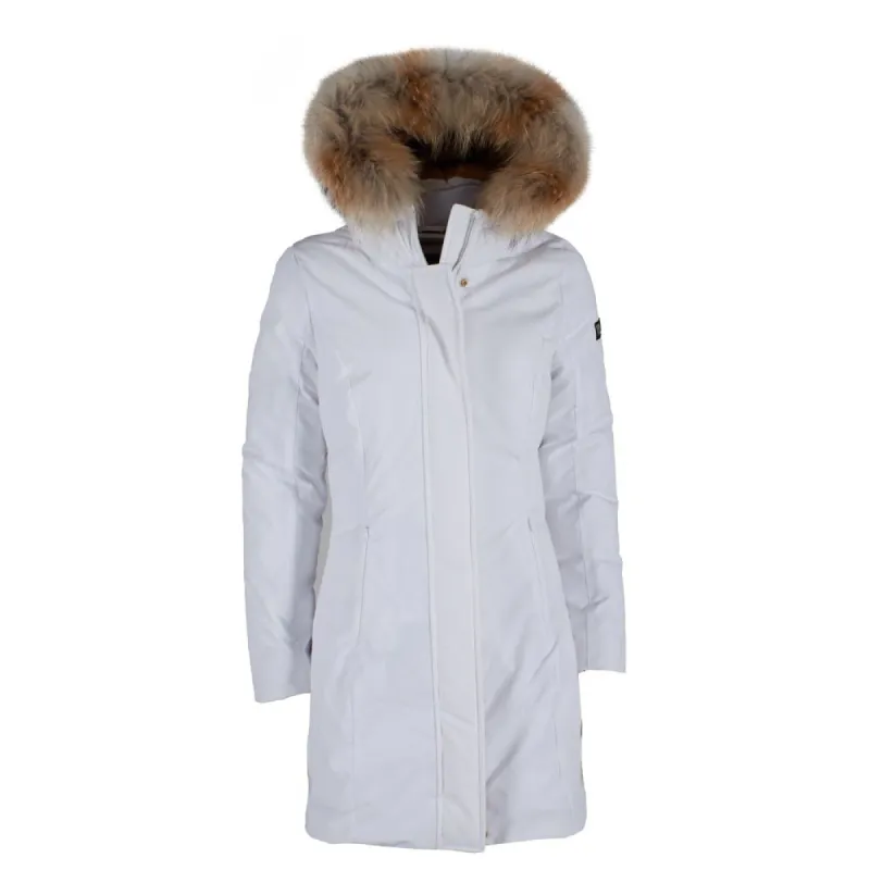 Chic White Down Jacket with Fur-Trimmed Hood sold by Louxly