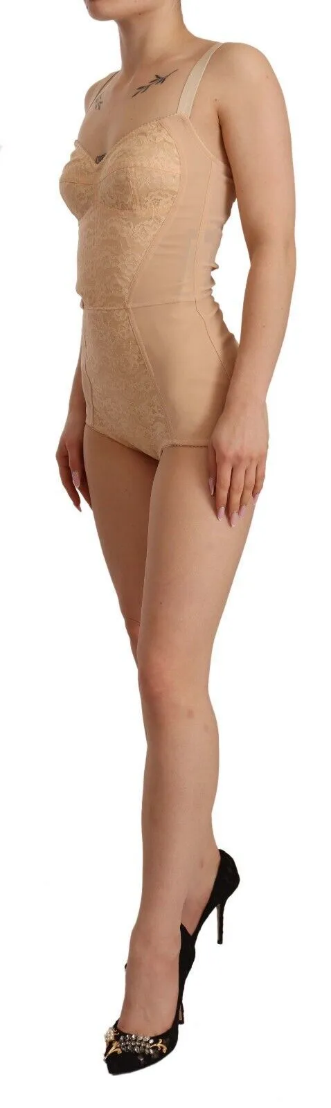 Beige Lace Panel Stretch Bodysuit sold by Louxly product image thumbnail 2