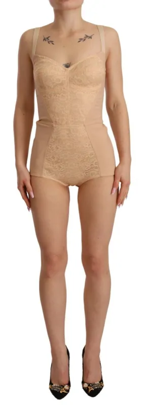 Beige Lace Panel Stretch Bodysuit sold by Louxly