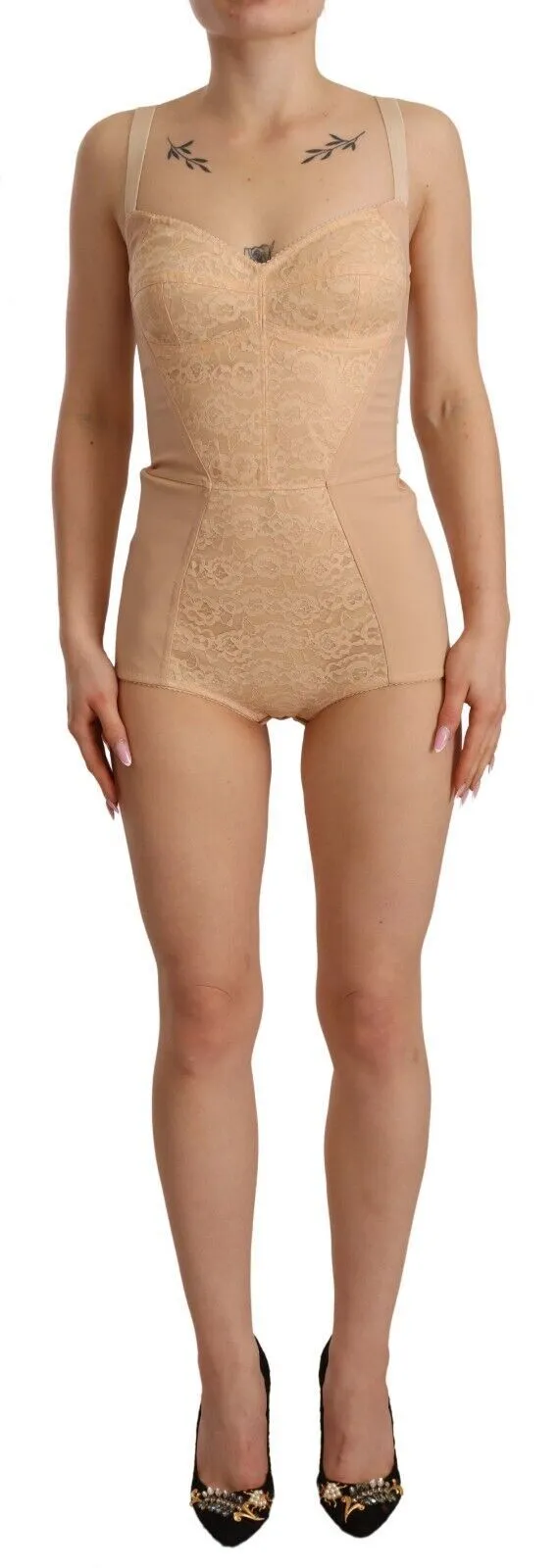 Beige Lace Panel Stretch Bodysuit sold by Louxly