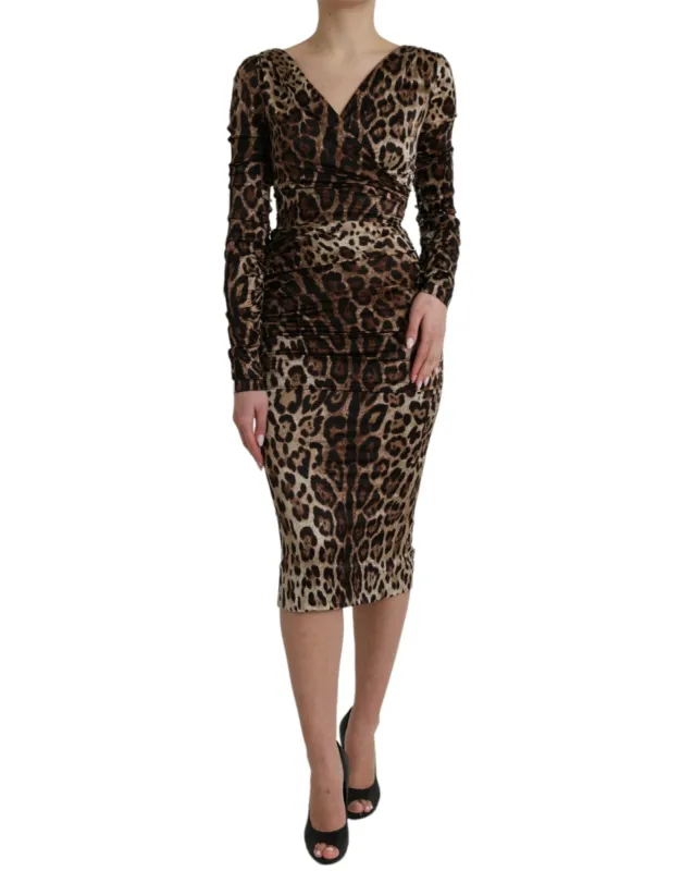 Brown Leopard Print Bodycon V-neck Midi Dress sold by Louxly