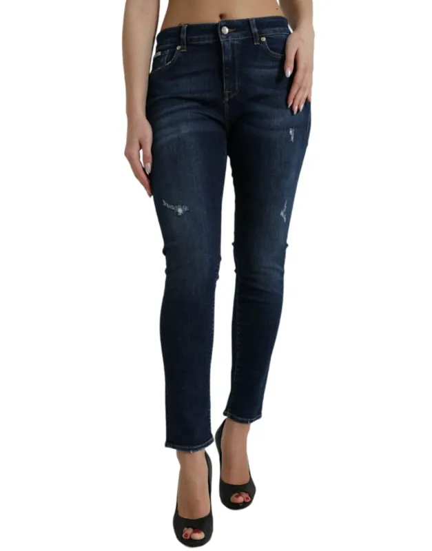 Elegant Dark Blue Mid Waist Stretch Jeans sold by Louxly