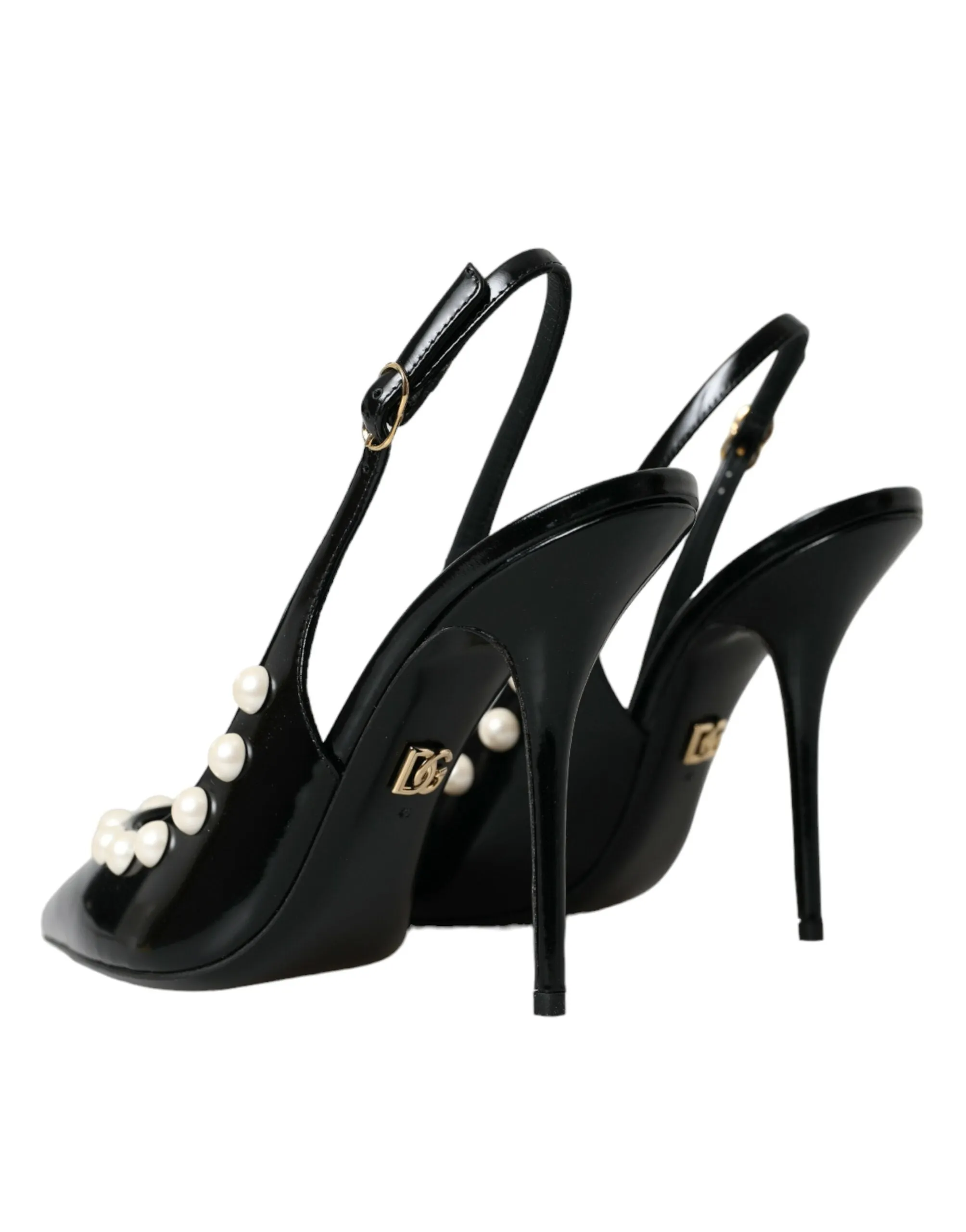 Black Leather Faux Pearl Heel Slingback Shoes sold by Louxly product image thumbnail 4